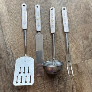 Vintage EKCO Kitchen Utensil Set 4pc Blue Gold Floral MCM Stainless USA Made